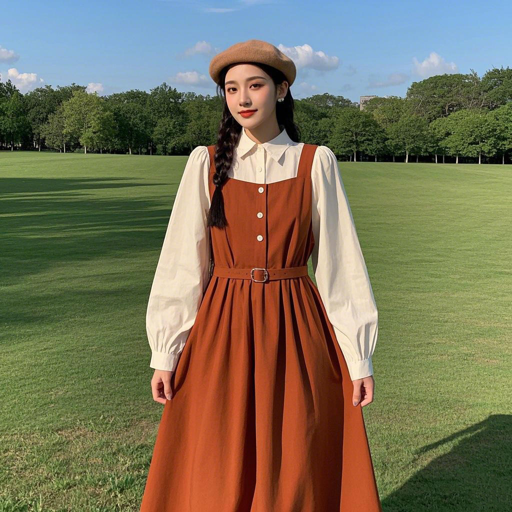 盐甜系穿搭桔梗a字长裙收腰显瘦气质温柔两件套连衣裙女春秋新款